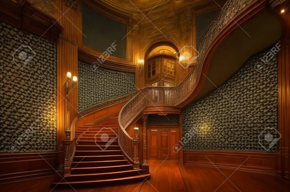 Huis van Wetenschappers. Interieur van het prachtige herenhuis met sierlijke grote houten trap in de grote hal. Een voormalige nationale casino.