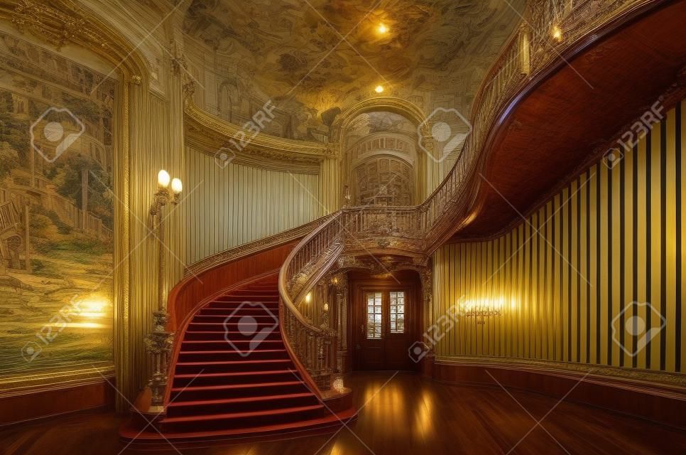Casa dos Cientistas. Interior da magnífica mansão com ornamentada grande escadaria de madeira no grande salão. Um antigo casino nacional.