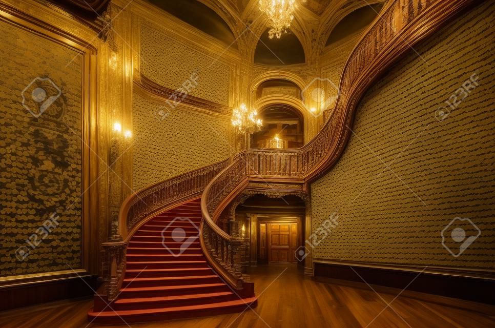 Huis van Wetenschappers. Interieur van het prachtige herenhuis met sierlijke grote houten trap in de grote hal. Een voormalige nationale casino.