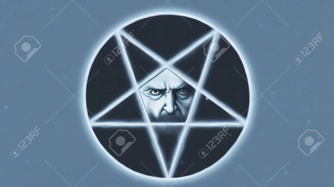 倒置的五角星符號與邪惡的插圖的臉