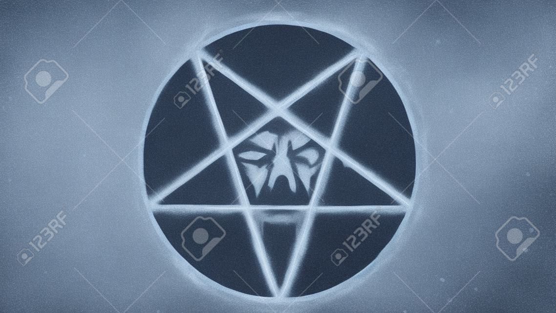倒置的五角星符號與邪惡的插圖的臉