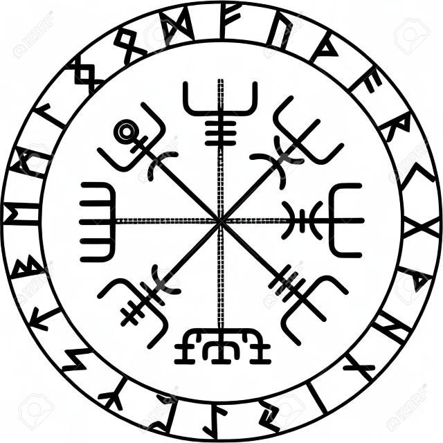 Vegvisir, i Magic navigazione Bussola di antichi vichinghi islandesi con rune scandinave, isolato su bianco, illustrazione vettoriale