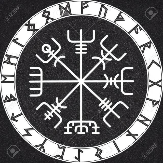 Vegvisir, the Magic Navigation Compass of ancient Icelandic Vikings with scandinavian runes, isolated on white, vector illustration