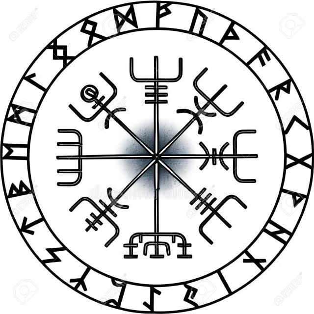 Vegvisir, Magiczny Nawigacja Kompas starożytnych islandzkich Wikingów z runami skandynawskimi, odizolowane na białym, ilustracji wektorowych