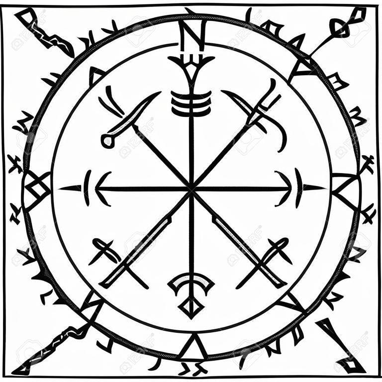 Vegvisir, el Magic compás de la navegación de los antiguos vikingos islandeses con runas escandinavas, aislado en blanco, ilustración vectorial
