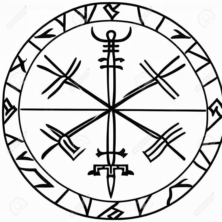 Vegvisir, the Magic Navigation Compass of ancient Icelandic Vikings with scandinavian runes, isolated on white, vector illustration