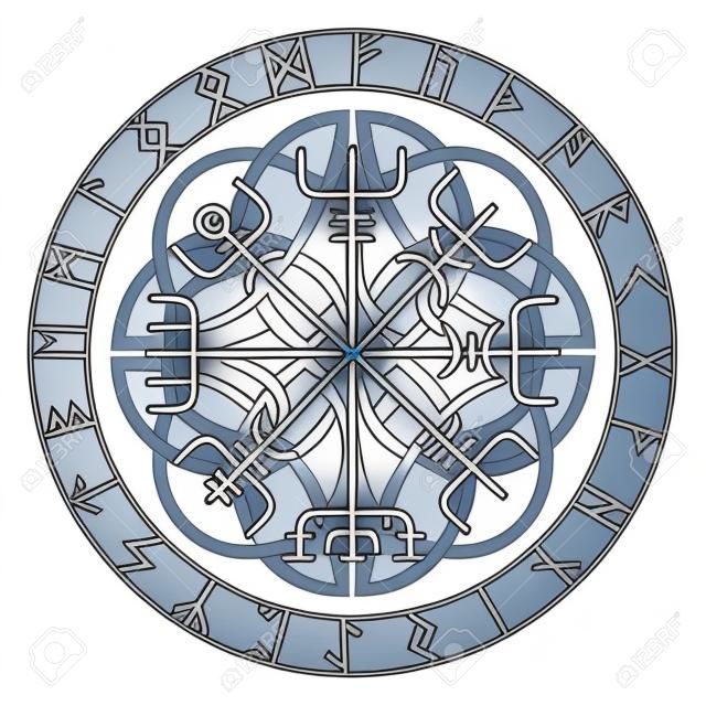 Vegvisir, Magiczny Nawigacja Kompas starożytnych islandzkich Wikingów z runami skandynawskimi, odizolowane na białym, ilustracji wektorowych