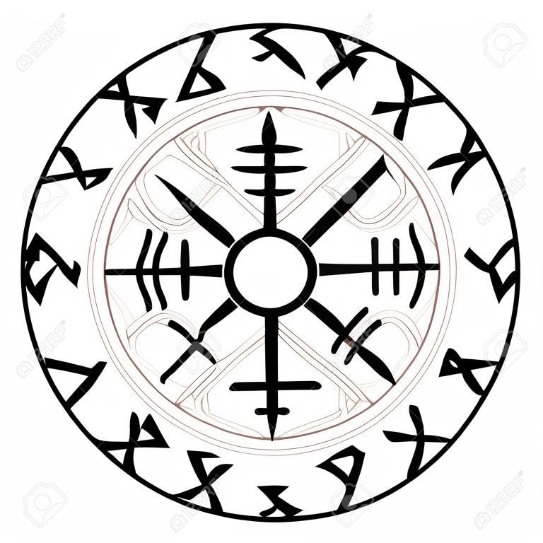 Vegvisir, a Magic Navigáció Iránytű ősi izlandi vikingek skandináv rúnák, elszigetelt fehér, vektoros illusztráció