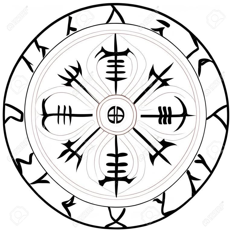Vegvisir, el Magic compás de la navegación de los antiguos vikingos islandeses con runas escandinavas, aislado en blanco, ilustración vectorial