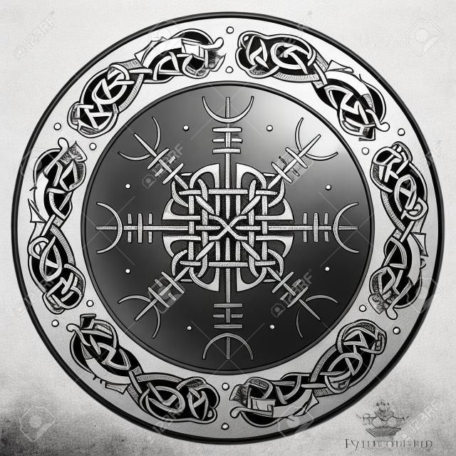 Viking shield decorated with a Scandinavian pattern of dragons and Aegishjalmur, Helm of awe (helm of terror) Icelandic magical staves isolated on white,