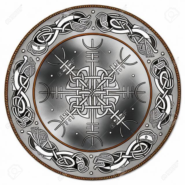 Vikingschild versierd met een Scandinavisch patroon van draken en Aegishjalmur, Helm van ontzag (helm van terreur) IJslandse magische notenbalken geïsoleerd op wit,