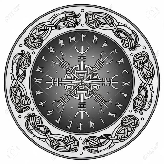 Viking shield, decorated with a Scandinavian pattern of dragons and Aegishjalmur, Helm of awe (helm of terror), Icelandic magical staves, isolated on white, vector illustration