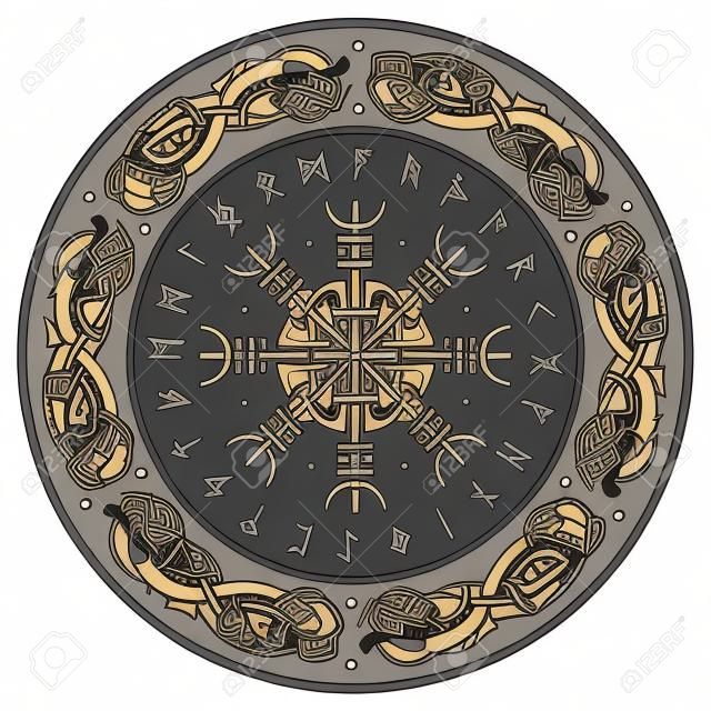 Viking shield, decorated with a Scandinavian pattern of dragons and Aegishjalmur, Helm of awe (helm of terror), Icelandic magical staves, isolated on white, vector illustration