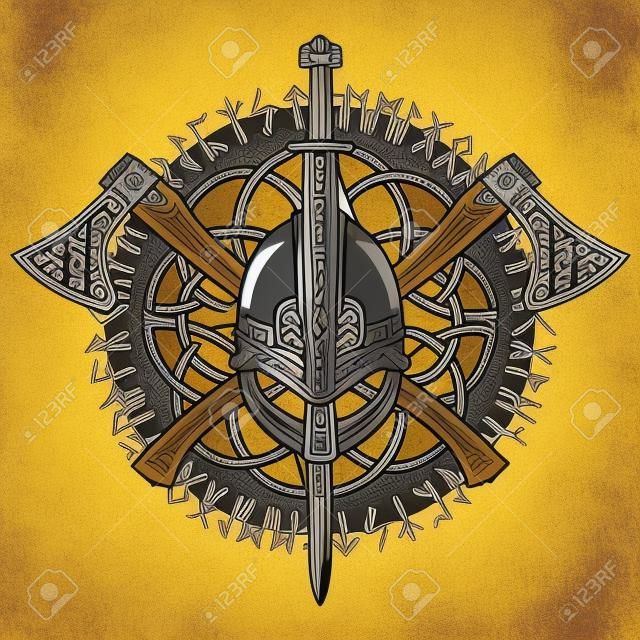 Vikingo casco, cruzó vikings hachas y en una corona de patrón escandinavo y Norse runas, ilustración vectorial