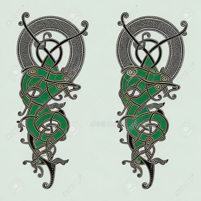 Il modello d'annata celtico e scandinavo è sotto forma di drago contorto, isolato su bianco, illustrazione di vettore