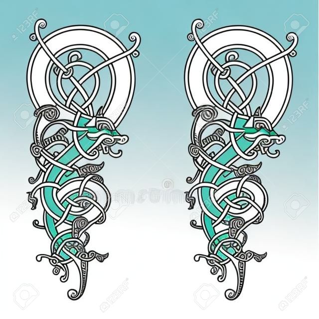 Il modello d'annata celtico e scandinavo è sotto forma di drago contorto, isolato su bianco, illustrazione di vettore