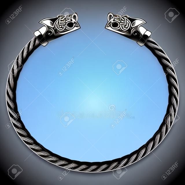 Viking bracelet with wolf heads, isolated on white, vector illustration