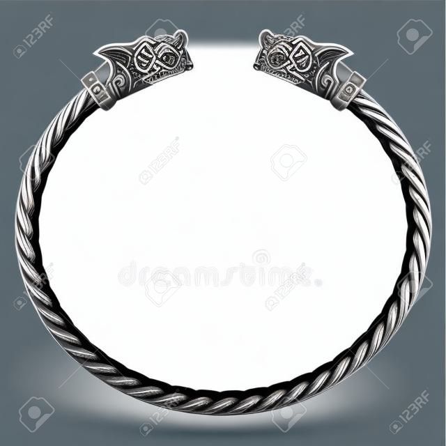 Viking bracelet with wolf heads, isolated on white, vector illustration