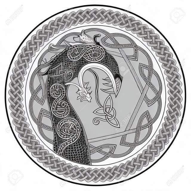 Scandinavisch ontwerp. De nasale figuur van het Vikingschip Drakkar in de vorm van een draak, en de Scandinavische gedraaide patroon, geïsoleerd op wit, vector illustratie