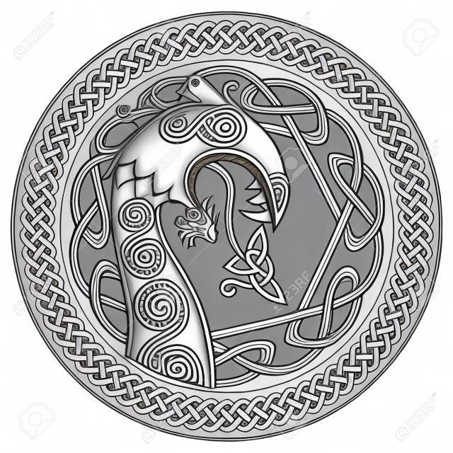 Scandinavisch ontwerp. De nasale figuur van het Vikingschip Drakkar in de vorm van een draak, en de Scandinavische gedraaide patroon, geïsoleerd op wit, vector illustratie