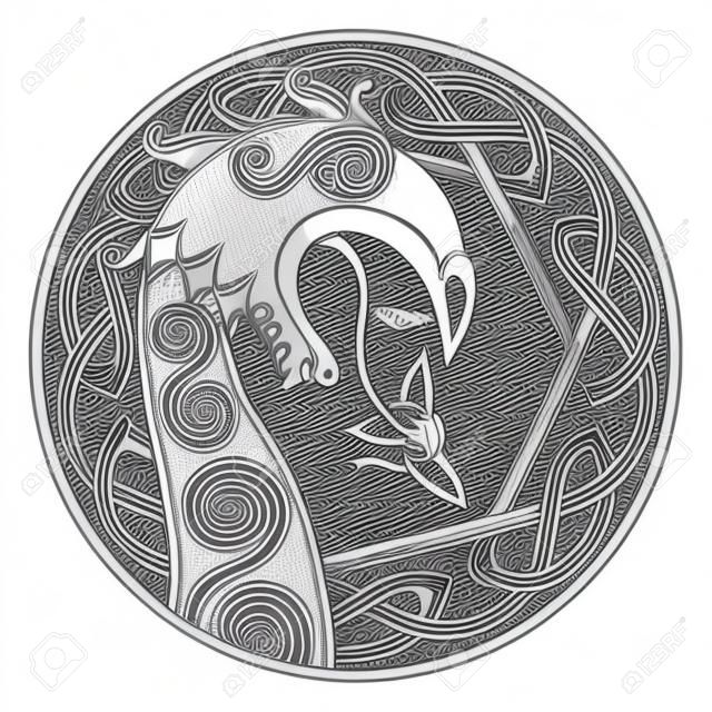 Scandinavian design. The nasal figure of the Viking ship Drakkar in the form of a dragon, and the Scandinavian twisted pattern, isolated on white, vector illustration