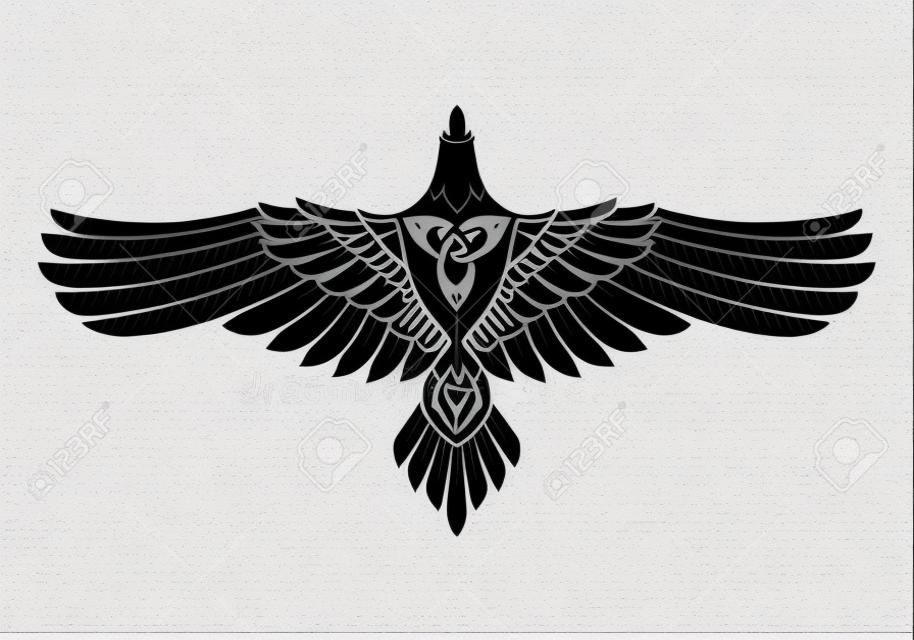 Raven of Odin, w stylu nordyckim, celtycki, samodzielnie na białym tle, wektorowe illustratin