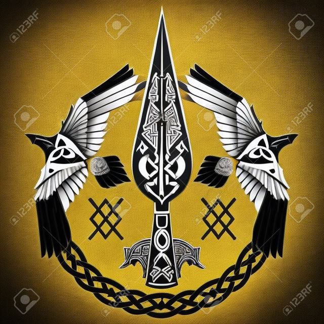 奧丁神的長矛-Gungnir。兩個烏鴉和斯堪的納維亞模式