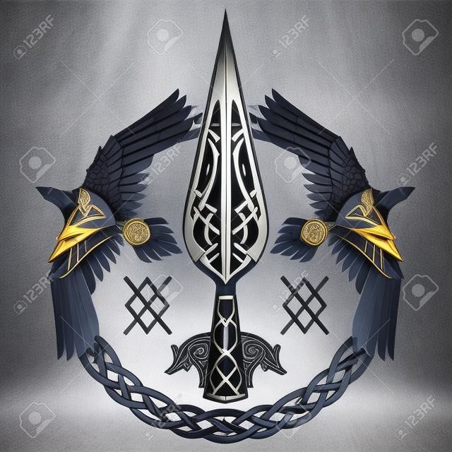 The Spear Of The God Odin - Gungnir. Two ravens and Scandinavian pattern