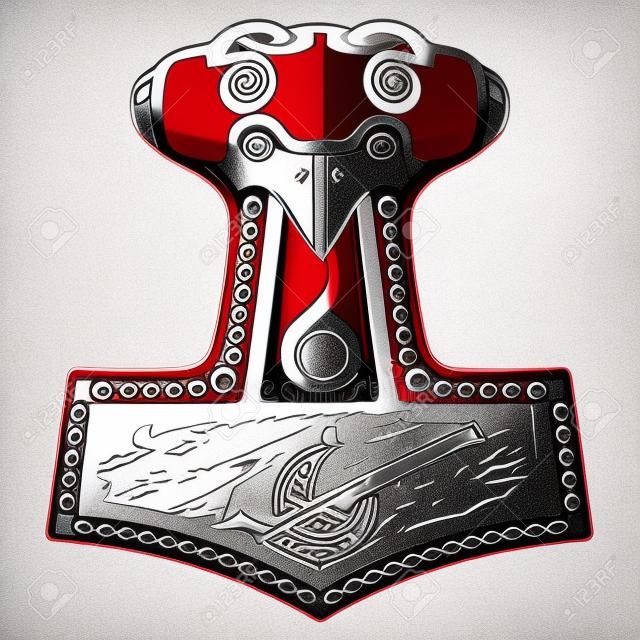 Thor's hammer - Mjollnir and the Scandinavian ornament, isolated on white, vector illustration