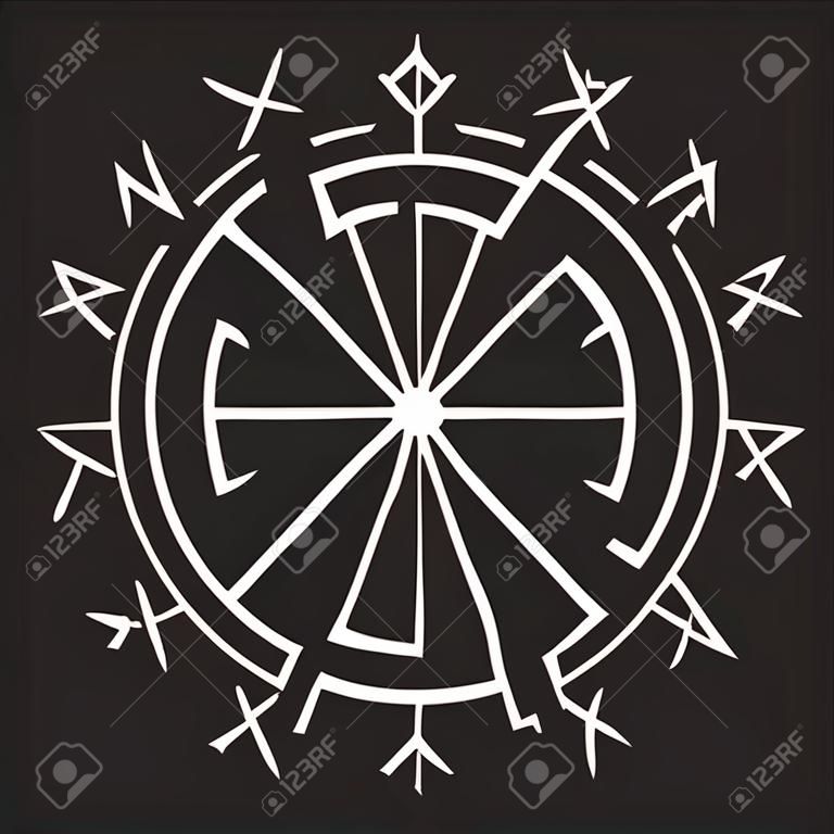 The ancient European esoteric sign - the black sun. Scandinavian runes and ornament