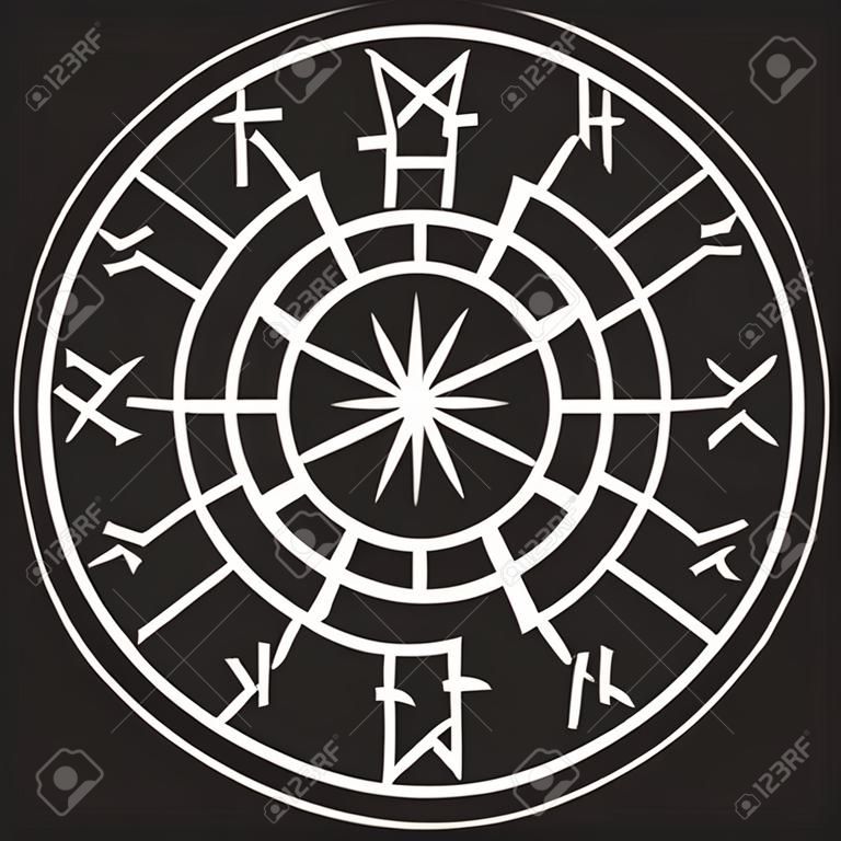 The ancient European esoteric sign - the black sun. Scandinavian runes and ornament