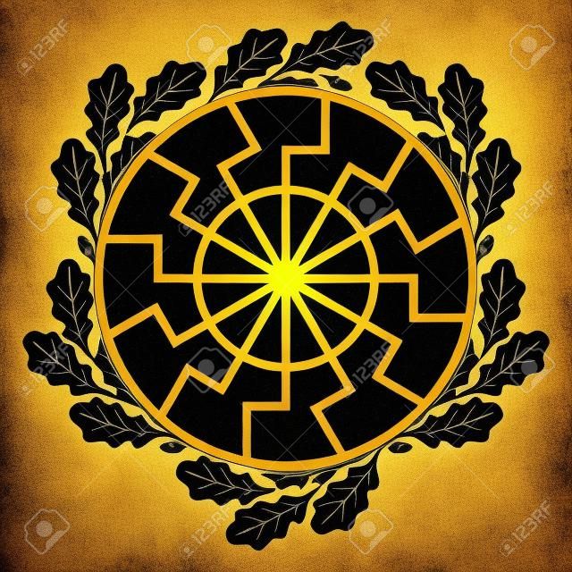 Das antike europäische esoterische Zeichen - die schwarze Sonne und Eichenblätter