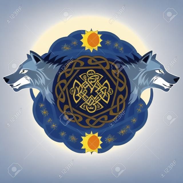 Two wolves from Norse mythology, Hati and Skoll devour the Sun and the Moon, isolated on white, vector illustration