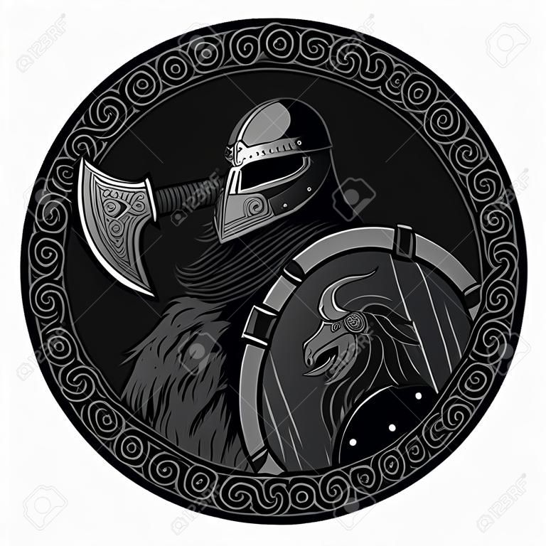 Guerriero Barbaro Viking Berserker con ascia e scudo