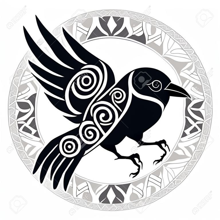Il corvo di Odino in uno stile celtico e un cerchio runico di design