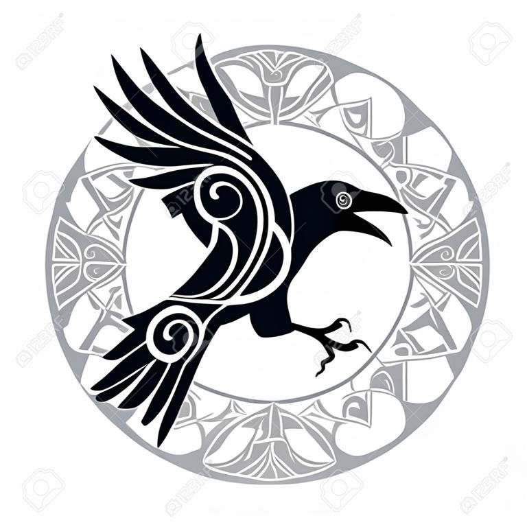 Le corbeau d'Odin dans un cercle runique de style celtique et de design