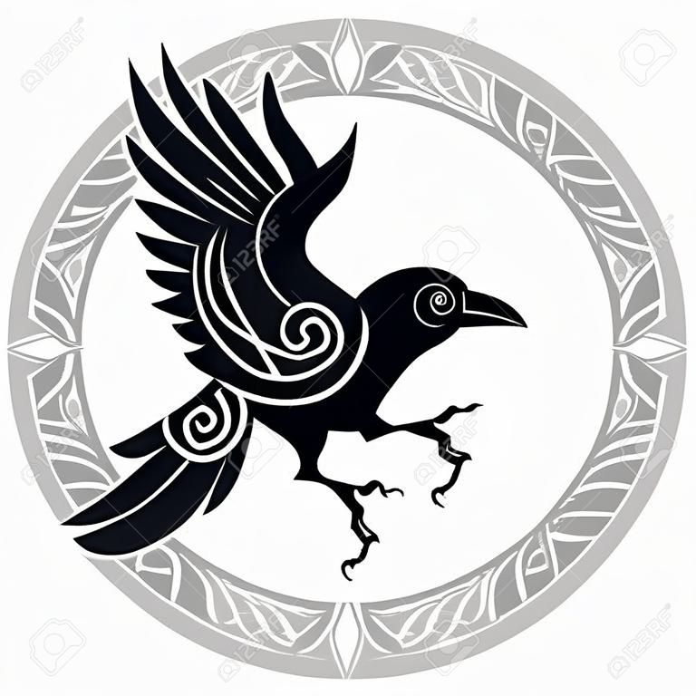 El cuervo de Odin en un círculo de estilo rúnico y diseño celta