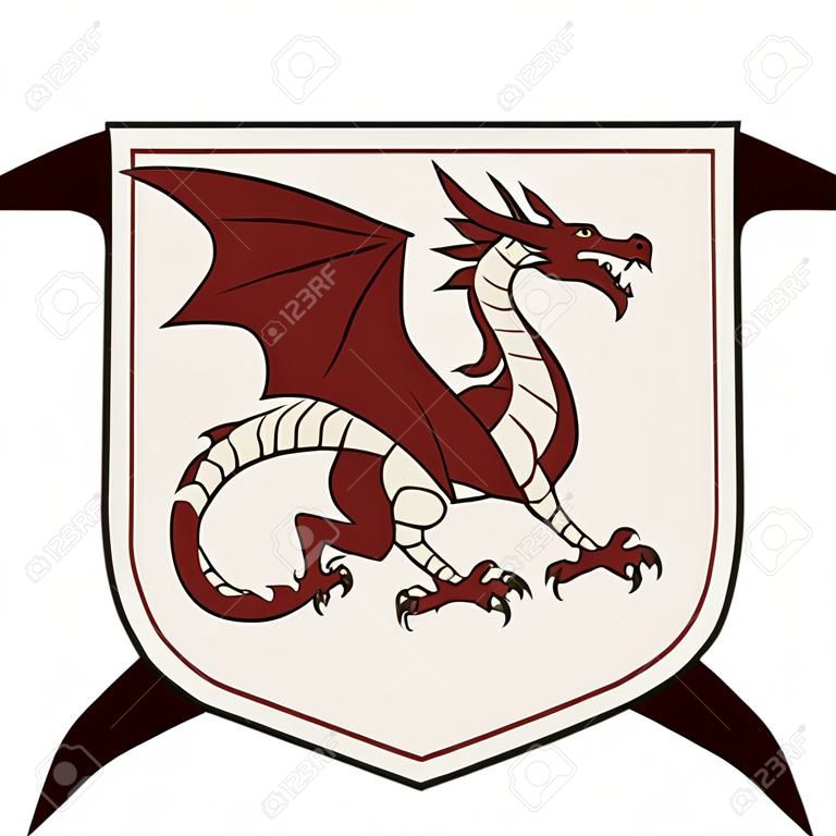 Winged heraldic dragon and heraldic shield, isolated on white, vector illustration