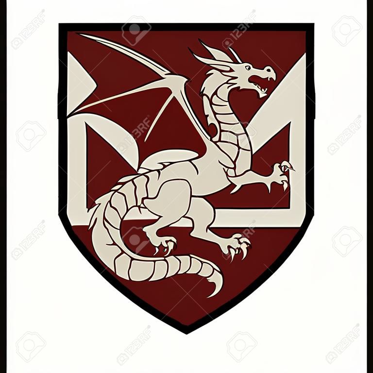 Winged heraldic dragon and heraldic shield, isolated on white, vector illustration