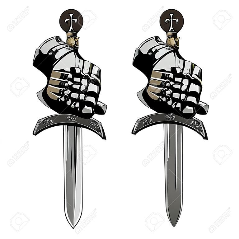 Luvas de armadura do cavaleiro e da espada do cruzado. Ilustração vetorial.