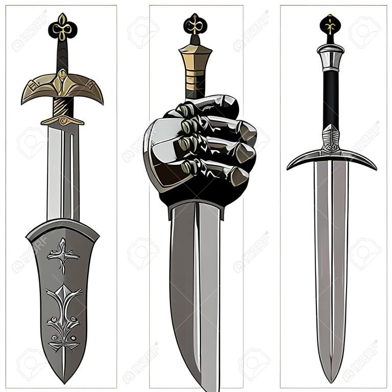 Rüstungshandschuhe des Ritters und des Schwertes des Kreuzfahrers. Vektor-illustration