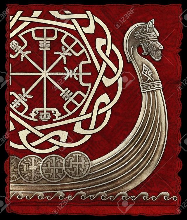 Kriegsschiff der Wikinger. Drakkar, altes skandinavisches Muster und nordische Runen