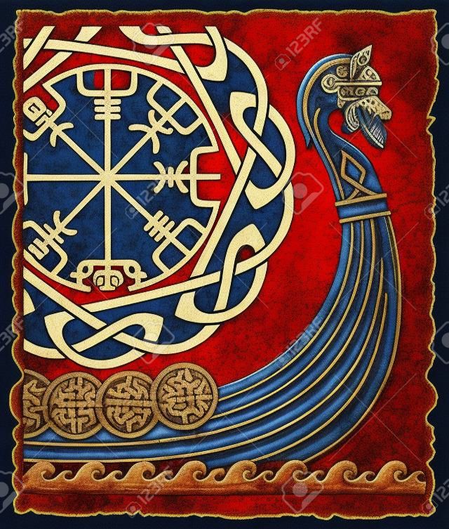 Военный корабль викингов. Драккар, древний скандинавский узор и норвежские руны