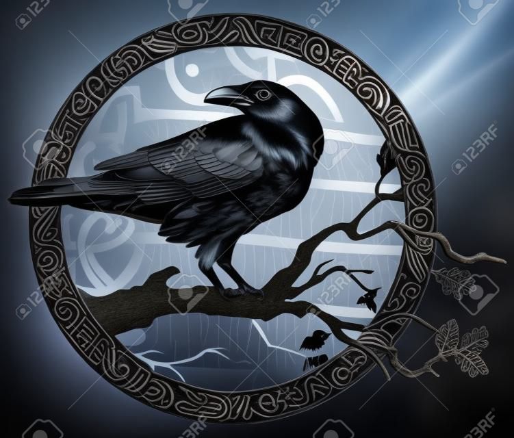 黑烏鴉坐在橡樹的樹枝上，斯堪的納維亞的符文，刻成石頭。
