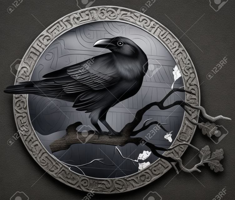 Schwarze Krähe sitzt auf einem Ast einer Eiche und skandinavische Runen, in Stein gemeißelt.