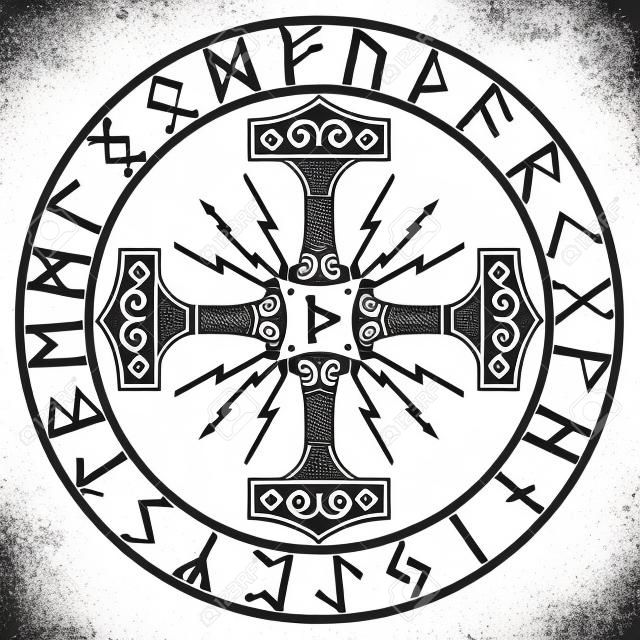 Thors Hammer - Mjolnir und nordische Runen, lokalisiert auf Weiß, Vektorillustration