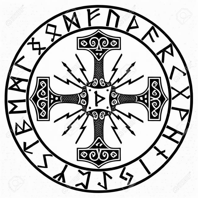 Marteau de Thors - runes Mjolnir et nordiques, isolé sur blanc, illustration vectorielle