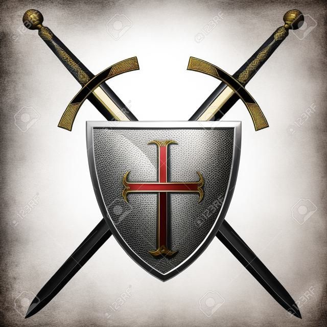 Ridder zwaarden.Twee gekruiste ridder van het zwaard en het schild van de kruisvaarder, geïsoleerd op witte achtergrond.