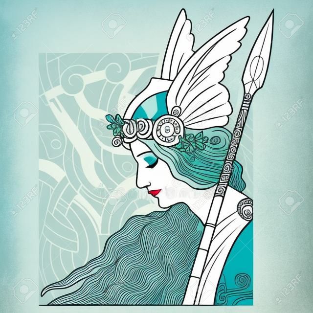 Valkyrie, illustration to Scandinavian mythology, drawn in Art Nouveau style, isolated on white, vector illustration