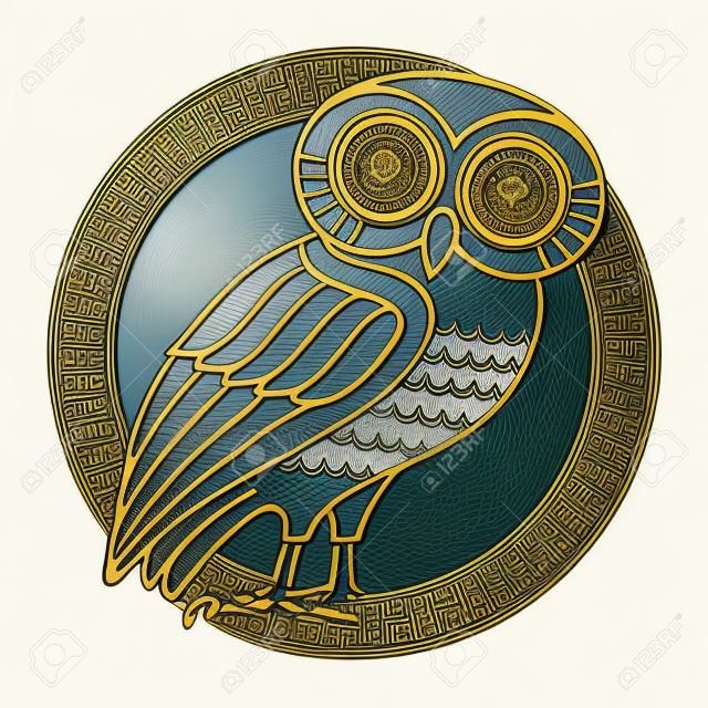 Greek ancient coin from Athens, vintage illustration. Old engraved illustration of an owl and greek ornament meander, isolated on white, vector illustration